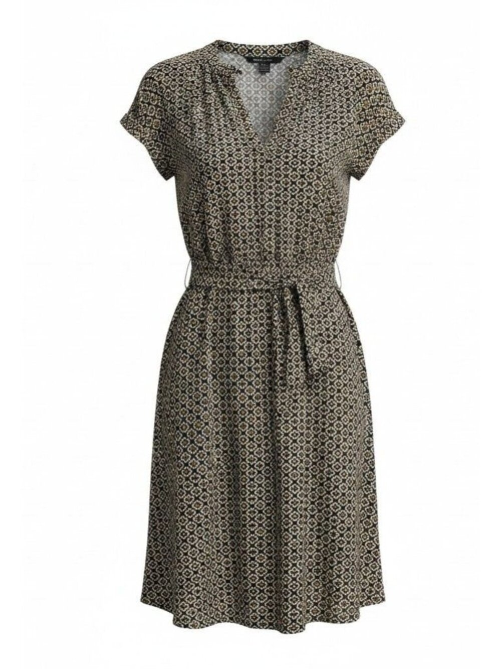 Robert Louis Midi Dress Womens L Black White Yellow Geometric Cap Sleeve Belted